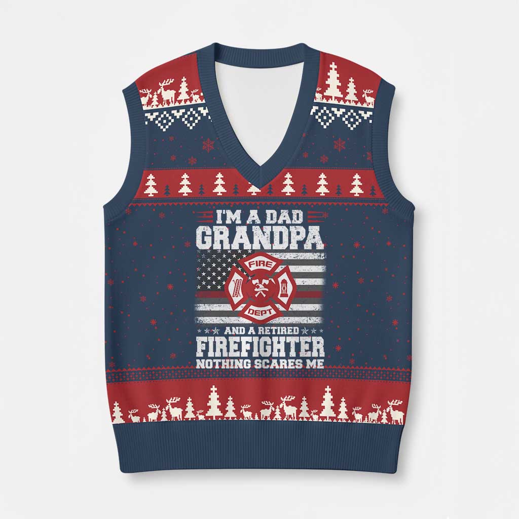 Retired Firefighter Grandpa V-Neck Knit Sweater Vest Retro American Flag TS10 Navy Red Print Your Wear