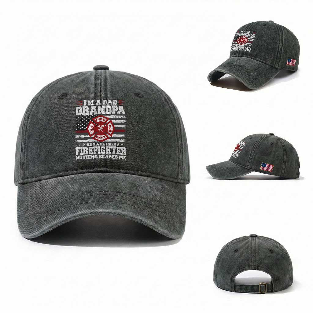 Retired Firefighter Grandpa Washed Cotton Baseball Cap Retro American Flag TS10 Washed Cap Universal Fit Dark Green Print Your Wear