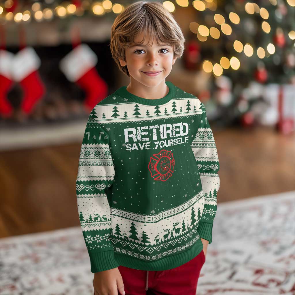 Retired Firefighter Ugly Christmas Sweater Funny Retirement Gifts Save Yourself TS10 Forest Green Beige Print Your Wear