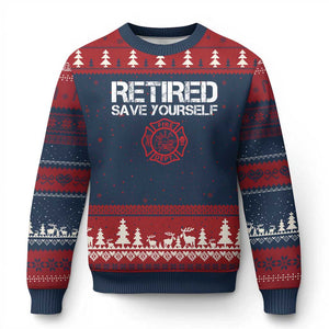 Retired Firefighter Ugly Christmas Sweater Funny Retirement Gifts Save Yourself TS10 Navy Red Print Your Wear