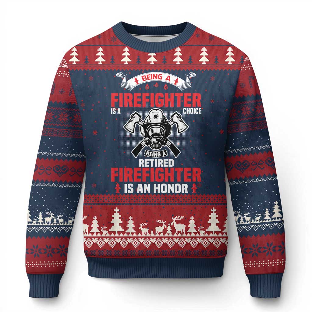 Retired Firefighter Ugly Christmas Sweater Is An Honor Funny Retirement Gifts TS10 Navy Red Print Your Wear