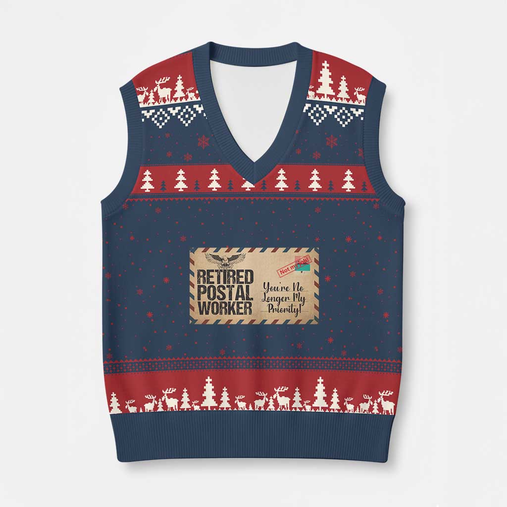 Retired Postal Worker V-Neck Knit Sweater Vest No Longer My Priority Retirement Gifts TS10 Navy Red Print Your Wear