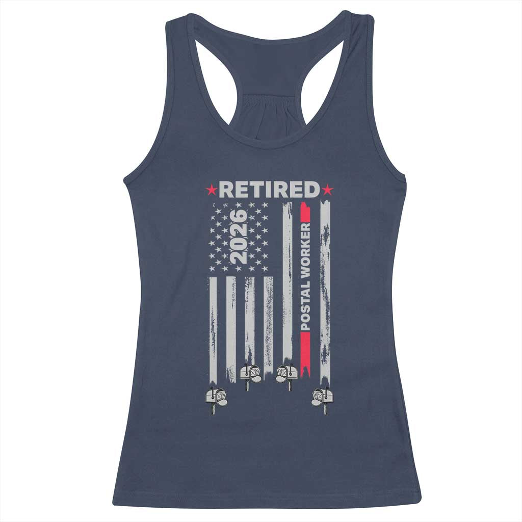 Retired Postal Worker 2026 Racerback Tank Top Retro US Flag Mailman Postman Retirement Gifts TS10 Navy Print Your Wear