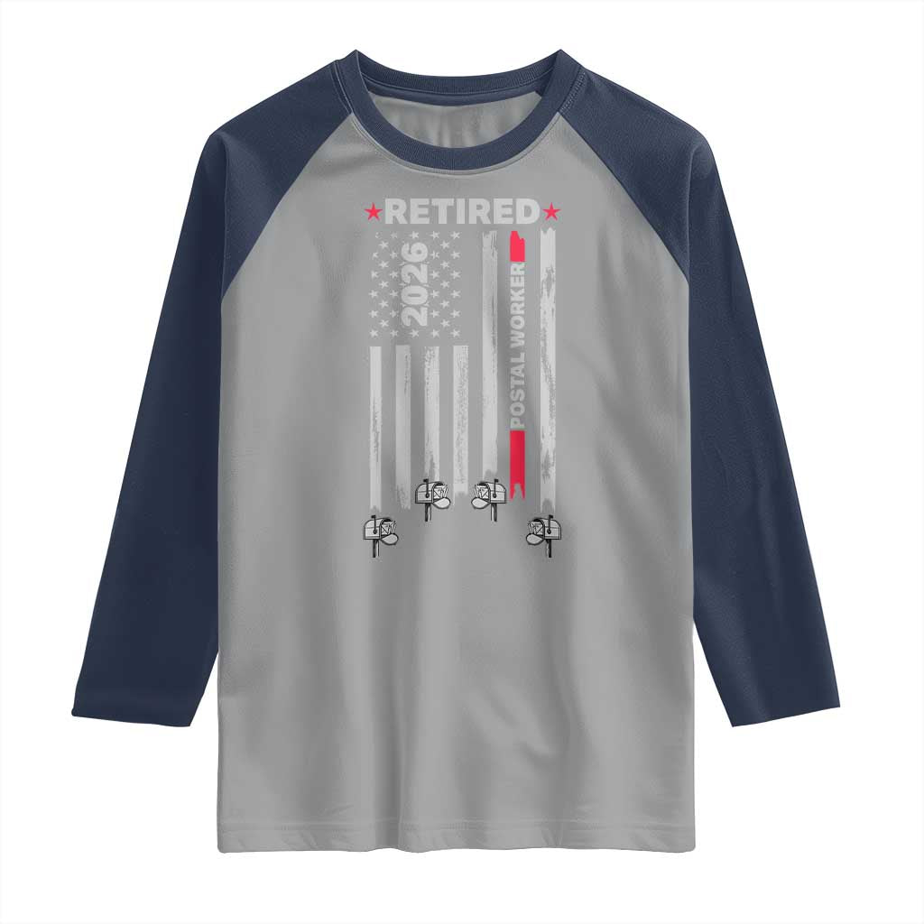 Retired Postal Worker 2026 Raglan Shirt Retro US Flag Mailman Postman Retirement Gifts TS10 Sport Gray Navy Print Your Wear