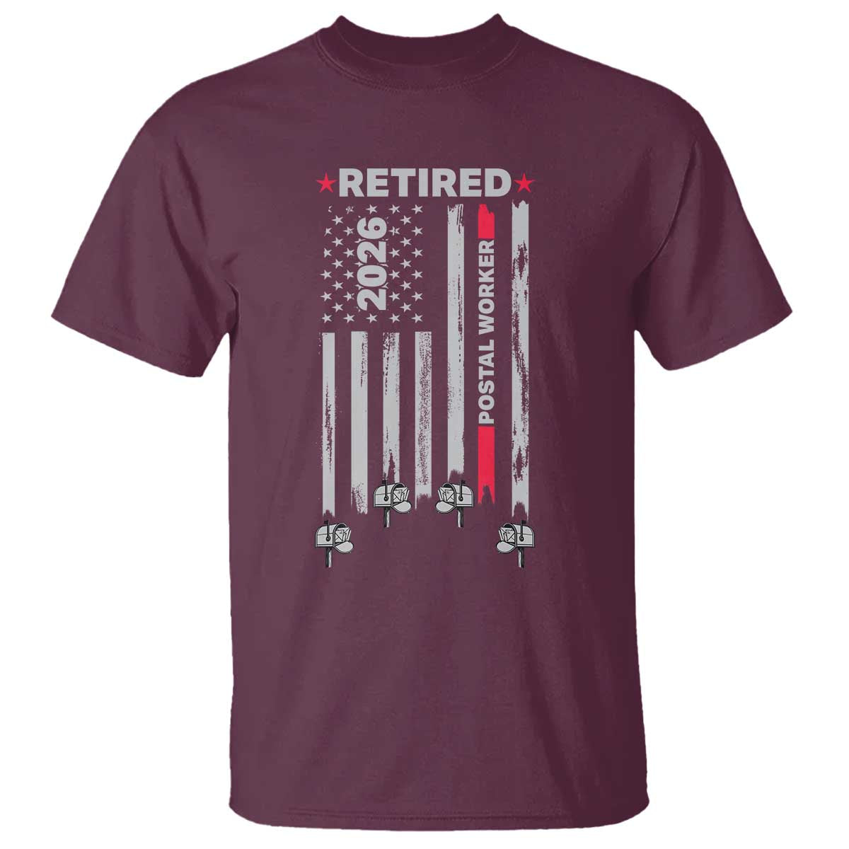 Retired Postal Worker 2026 T Shirt Retro US Flag Mailman Postman Retirement Gifts TS10 Maroon Print Your Wear