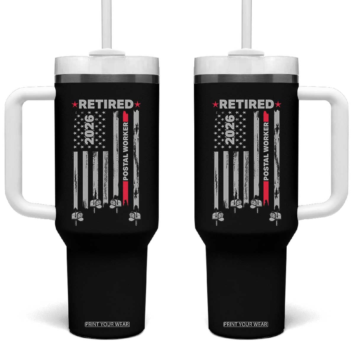 Retired Postal Worker 2026 Tumbler With Handle Retro US Flag Mailman Postman Retirement Gifts TS10 One Size: 40 oz Black Print Your Wear