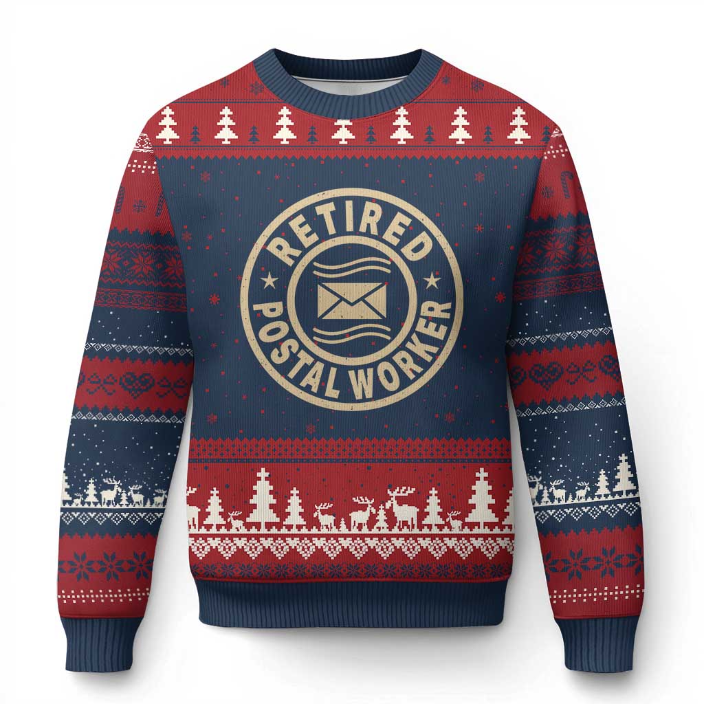 Retired Postal Worker Ugly Christmas Sweater Mailman Postman Vintage Retirement Gifts TS10 Navy Red Print Your Wear