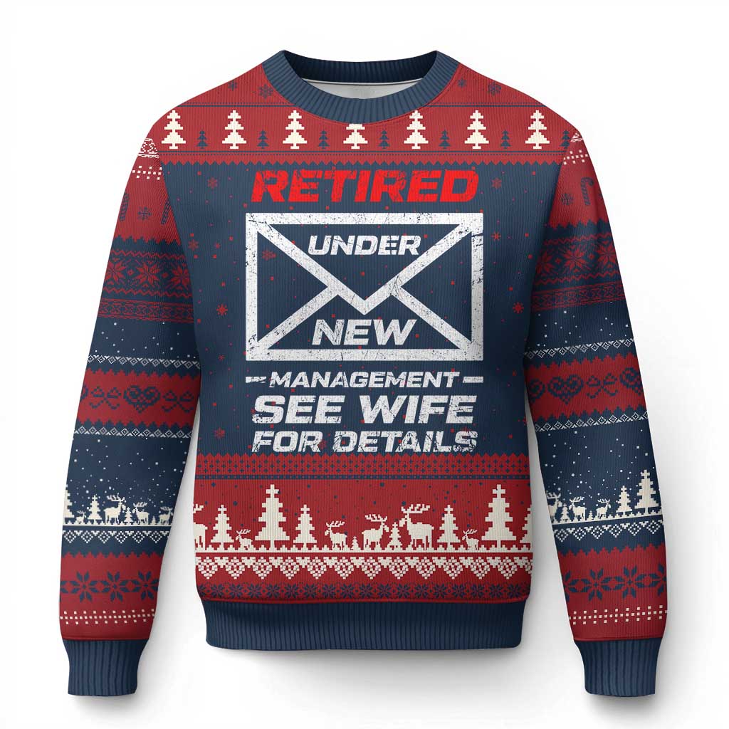 Mens Postal Worker Retirement Ugly Christmas Sweater Retired Under New Management Funny Dad Humor TS10 Navy Red Print Your Wear