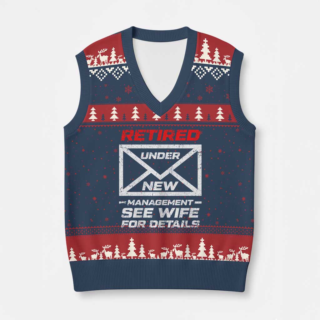 Mens Postal Worker Retirement V-Neck Knit Sweater Vest Retired Under New Management Funny Dad Humor TS10 Navy Red Print Your Wear