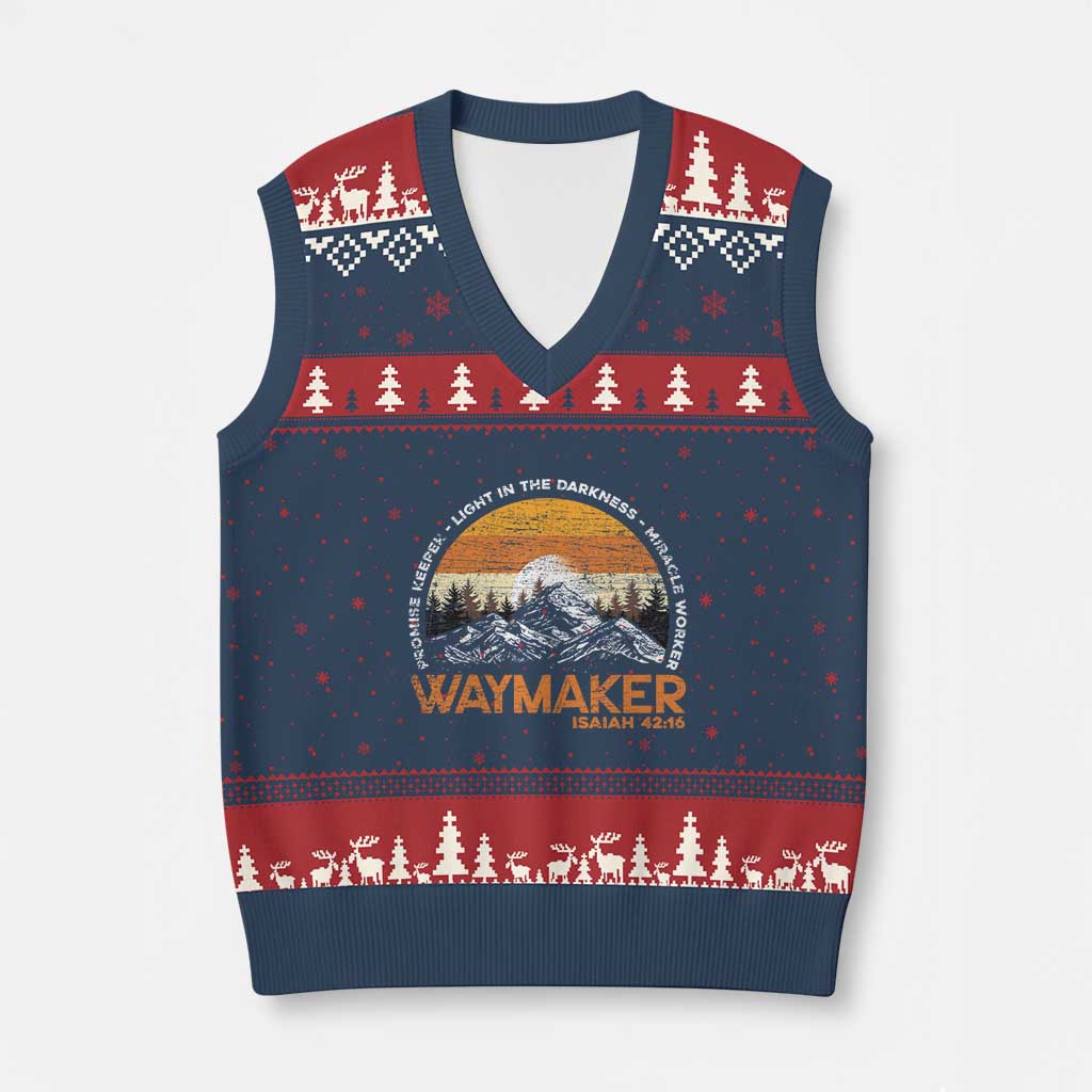 Vintage Christian V-Neck Knit Sweater Vest Isaiah 42:16 Waymaker Promise Keeper Miracle Worker TS10 Navy Red Print Your Wear