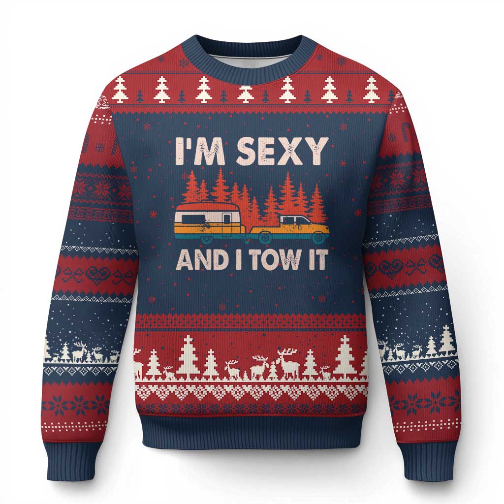 Funny Camping RV Ugly Christmas Sweater Im Sexy And I Tow It Vintage Camper Truck TS10 Navy Red Print Your Wear