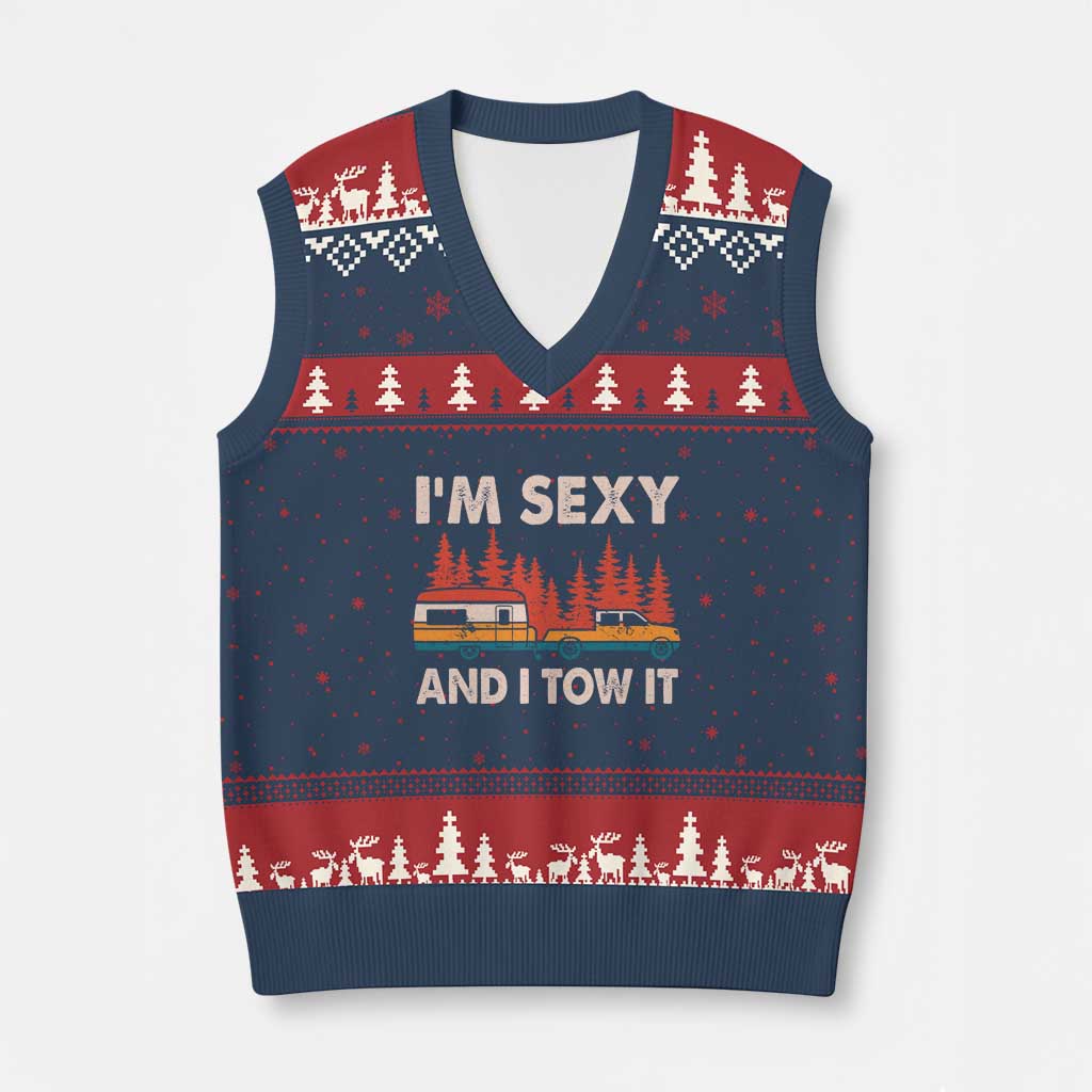 Funny Camping RV V-Neck Knit Sweater Vest Im Sexy And I Tow It Vintage Camper Truck TS10 Navy Red Print Your Wear