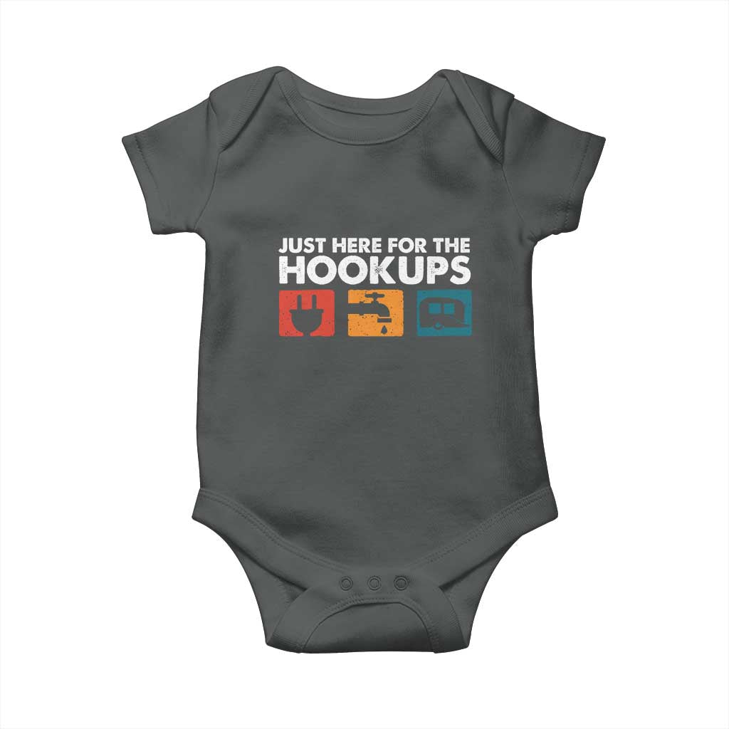 Camping RV Baby Onesie Funny Just Here for The Hookups Caravan Motorhome TS10 Dark Heather Print Your Wear