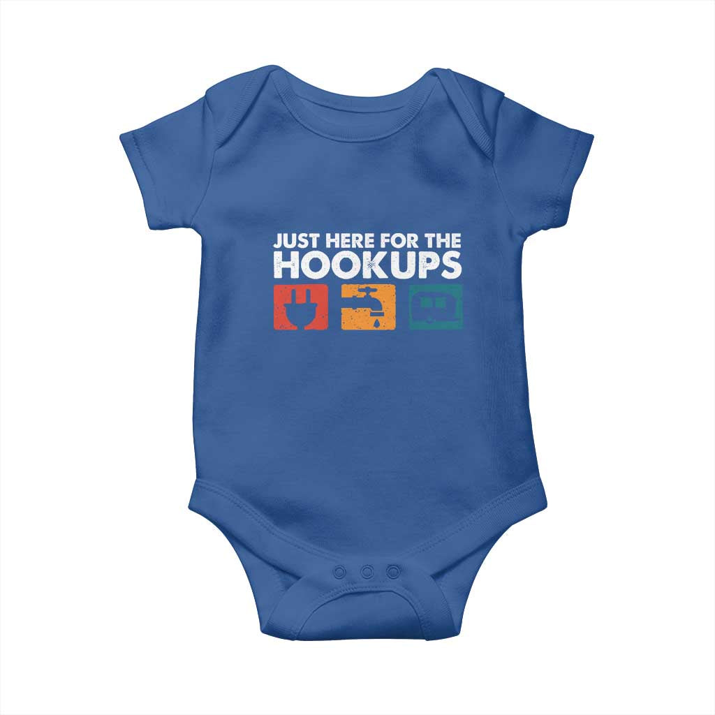 Camping RV Baby Onesie Funny Just Here for The Hookups Caravan Motorhome TS10 Royal Blue Print Your Wear