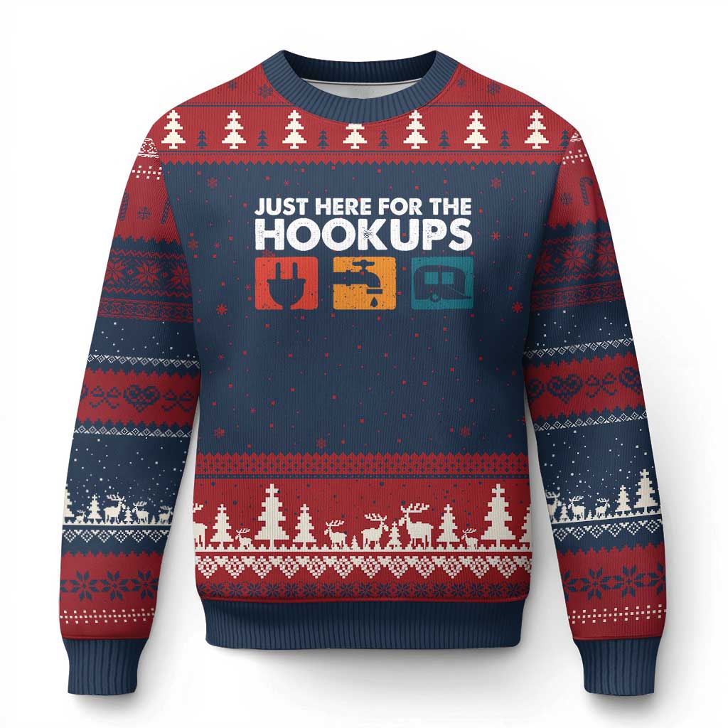 Camping RV Ugly Christmas Sweater Funny Just Here for The Hookups Caravan Motorhome TS10 Navy Red Print Your Wear