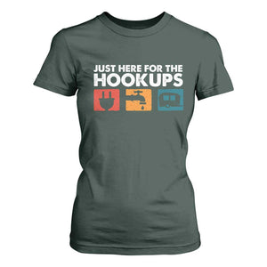 Camping RV T Shirt For Women Funny Just Here for The Hookups Caravan Motorhome TS10 Dark Forest Green Print Your Wear