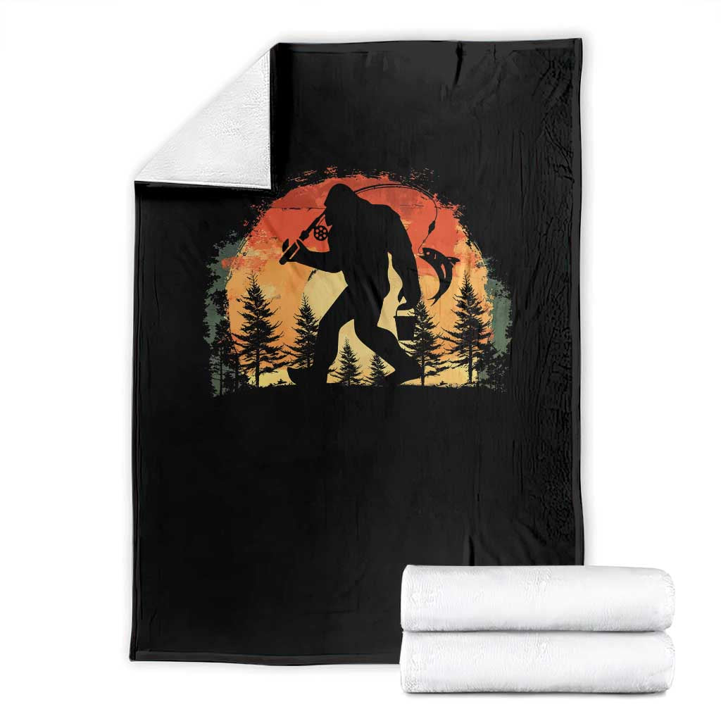 Bigfoot Fishing Throw Blanket Funny Retro Sasquatch Fisherman Dad TS10 Black Print Your Wear