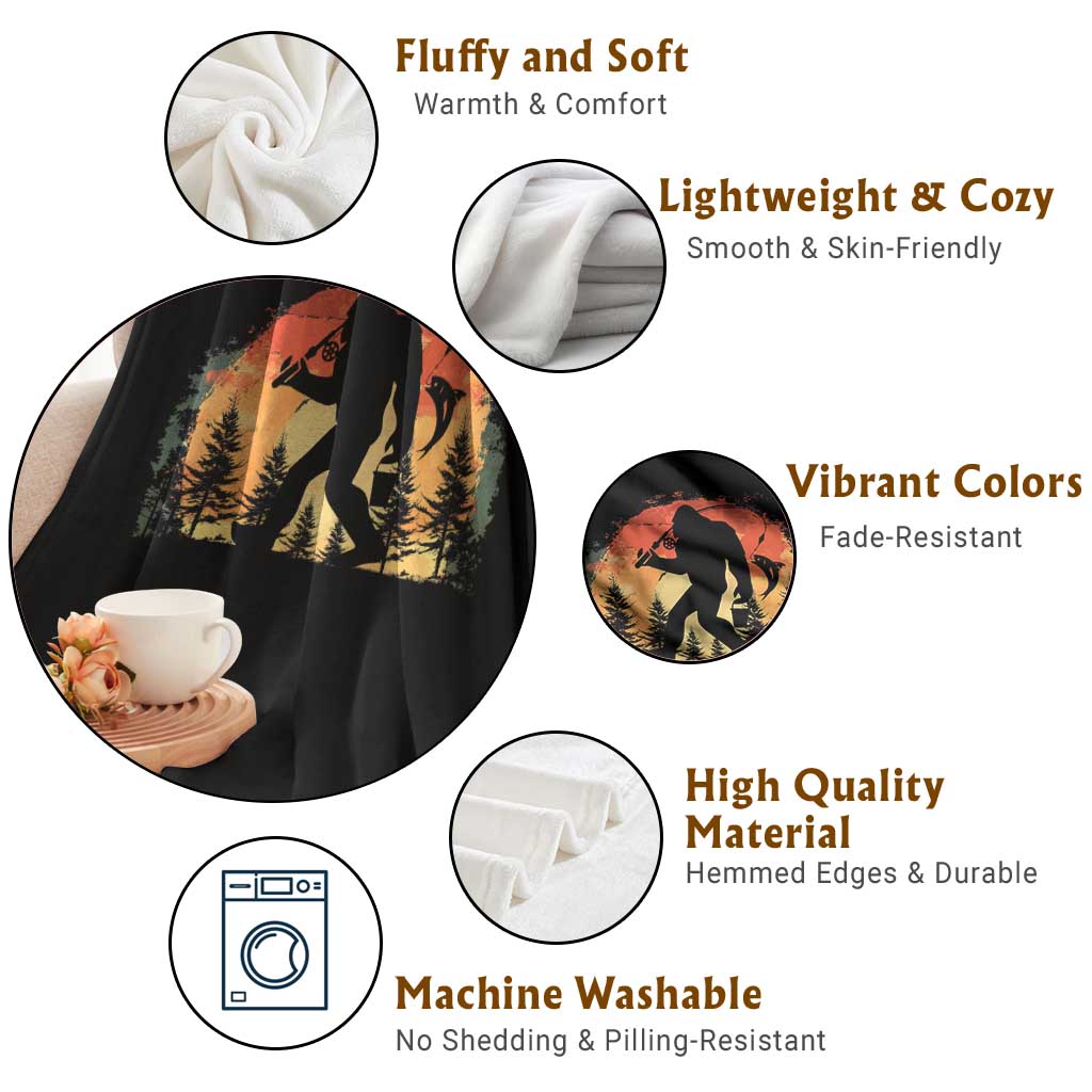 Bigfoot Fishing Throw Blanket Funny Retro Sasquatch Fisherman Dad TS10 Print Your Wear