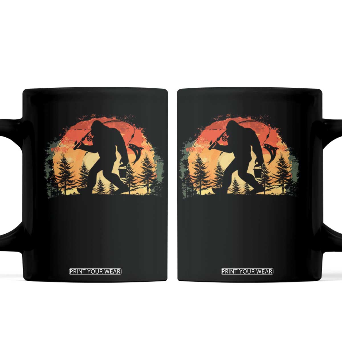 Bigfoot Fishing Coffee Mug Funny Retro Sasquatch Fisherman Dad TS10 Black Print Your Wear