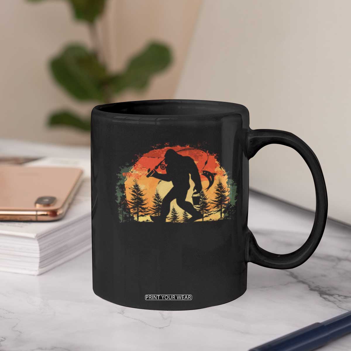 Bigfoot Fishing Coffee Mug Funny Retro Sasquatch Fisherman Dad TS10 Print Your Wear