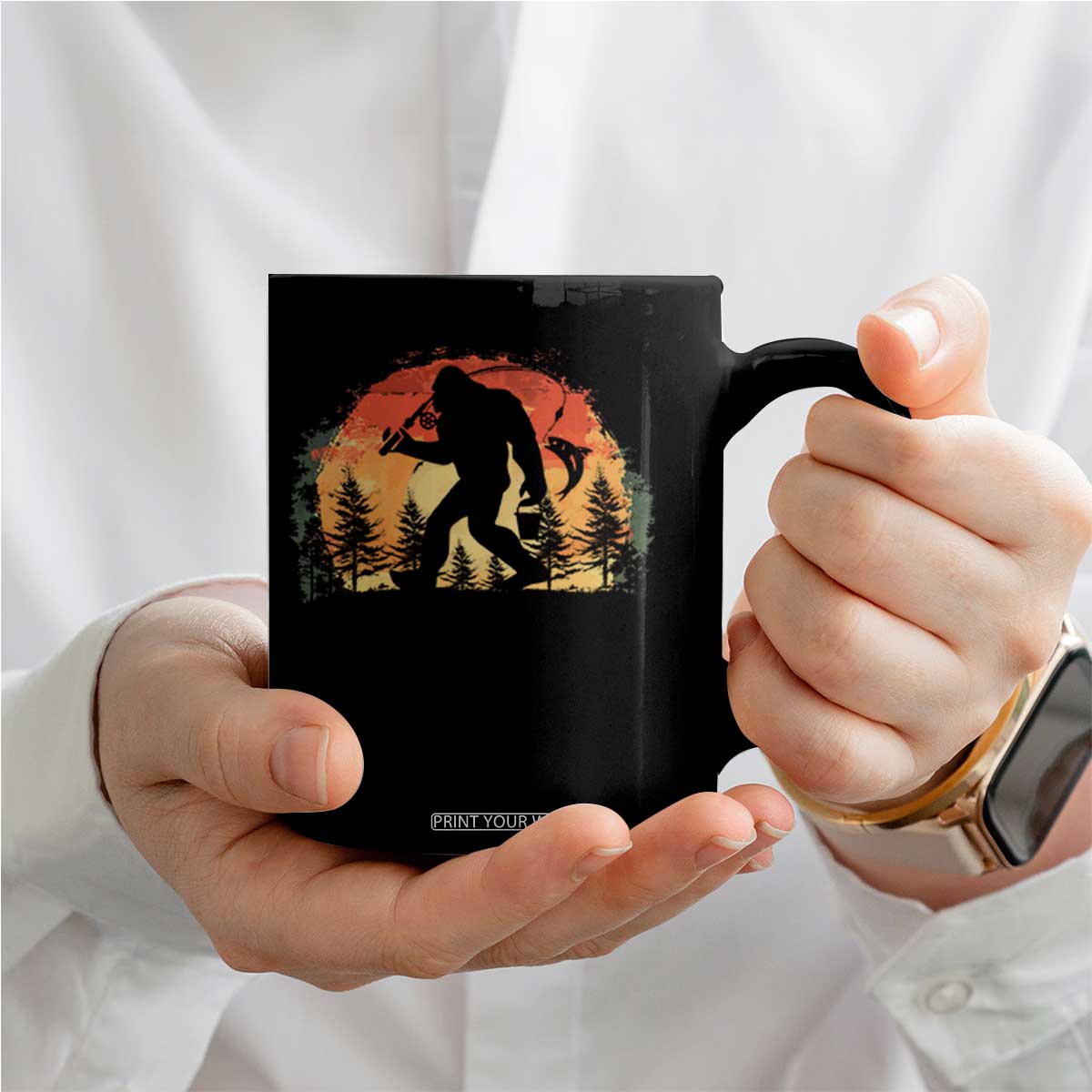 Bigfoot Fishing Coffee Mug Funny Retro Sasquatch Fisherman Dad TS10 Print Your Wear