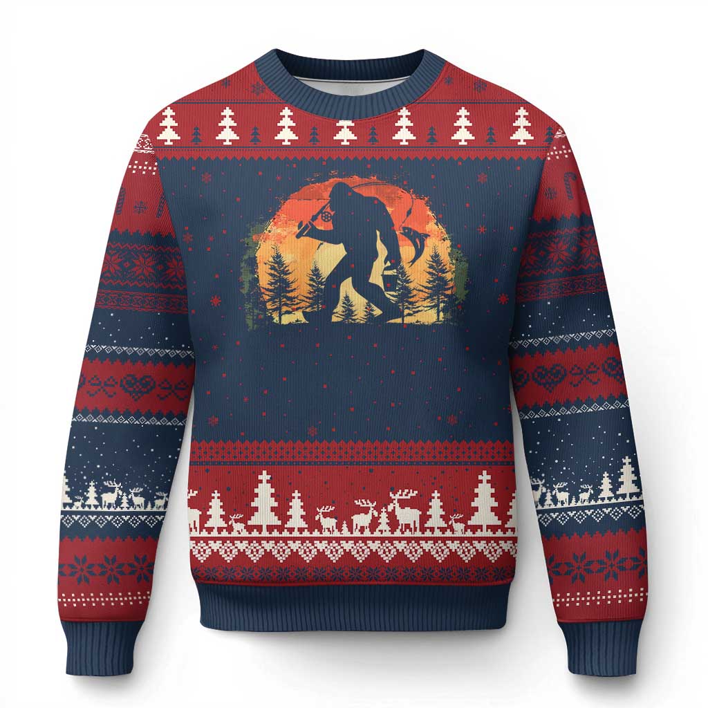 Bigfoot Fishing Ugly Christmas Sweater Funny Retro Sasquatch Fisherman Dad TS10 Navy Red Print Your Wear