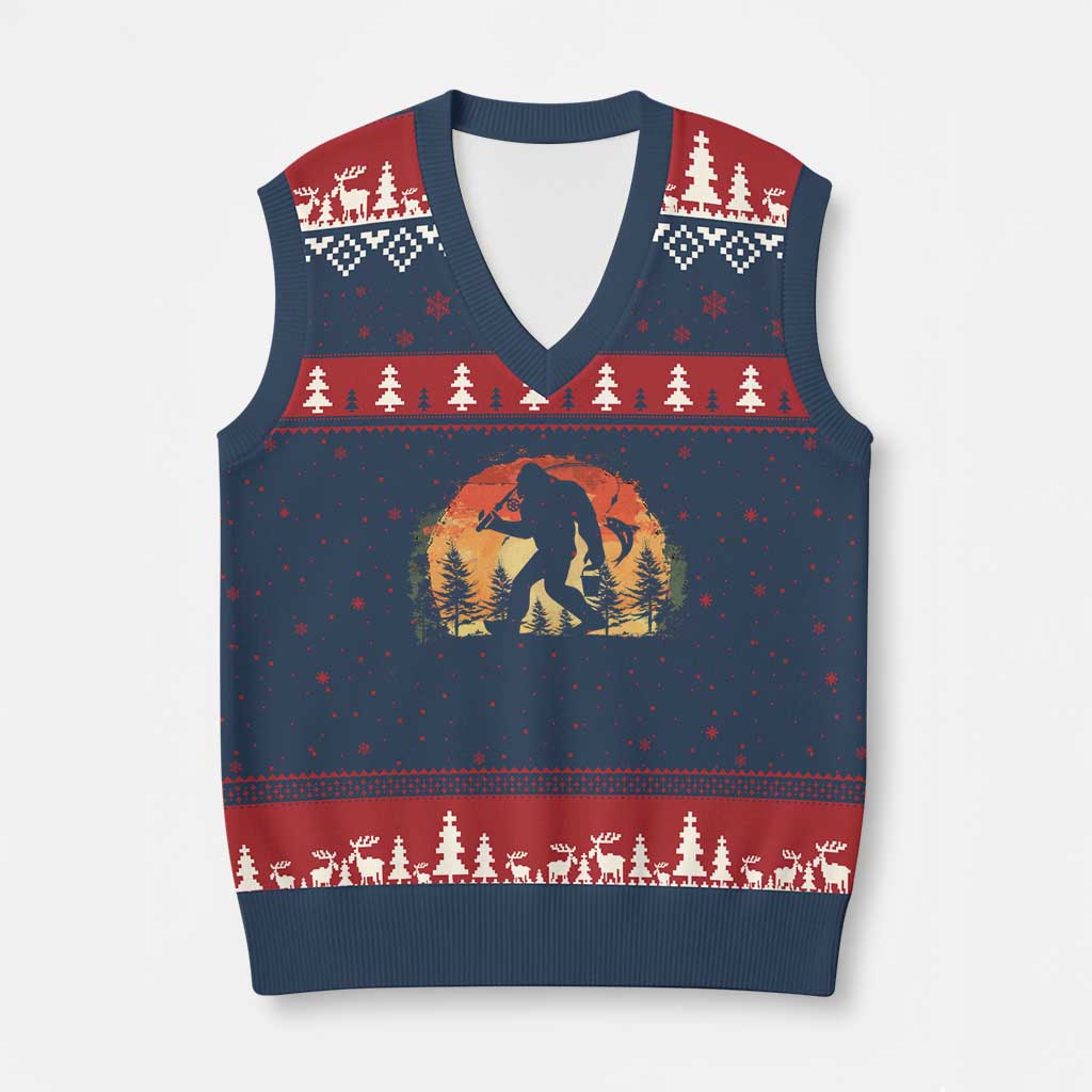 Bigfoot Fishing V-Neck Knit Sweater Vest Funny Retro Sasquatch Fisherman Dad TS10 Navy Red Print Your Wear