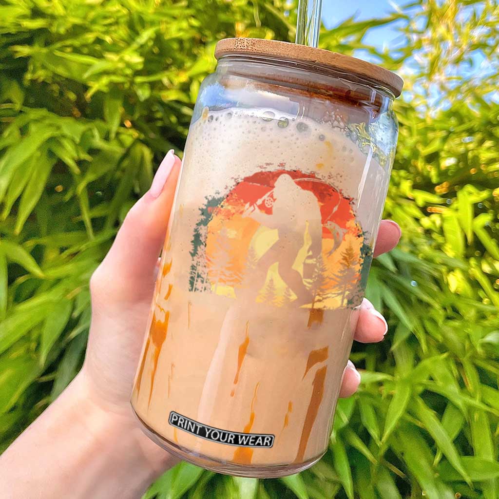 Bigfoot Fishing Glass Can Funny Retro Sasquatch Fisherman Dad TS10 Black Print Your Wear