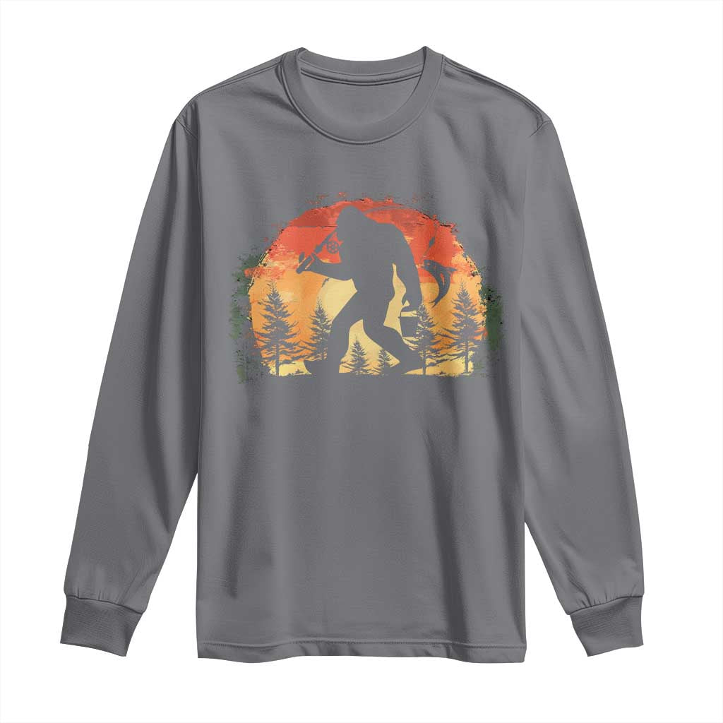 Bigfoot Fishing Long Sleeve Shirt Funny Retro Sasquatch Fisherman Dad TS10 Charcoal Print Your Wear