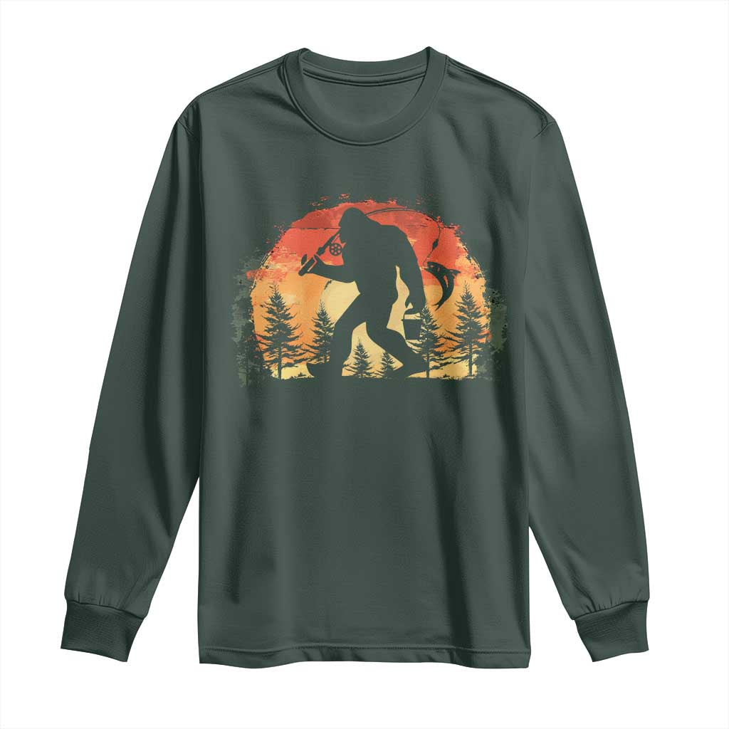 Bigfoot Fishing Long Sleeve Shirt Funny Retro Sasquatch Fisherman Dad TS10 Dark Forest Green Print Your Wear