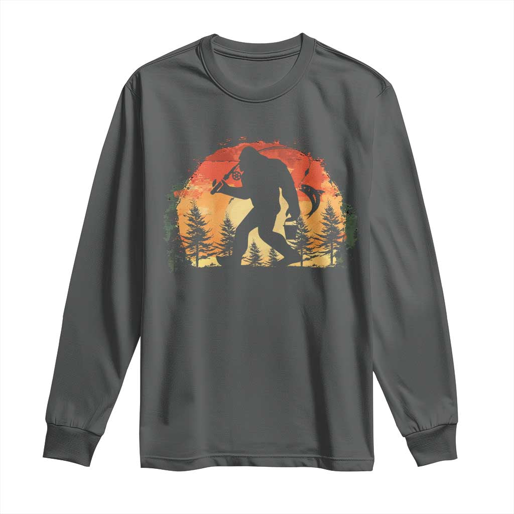 Bigfoot Fishing Long Sleeve Shirt Funny Retro Sasquatch Fisherman Dad TS10 Dark Heather Print Your Wear