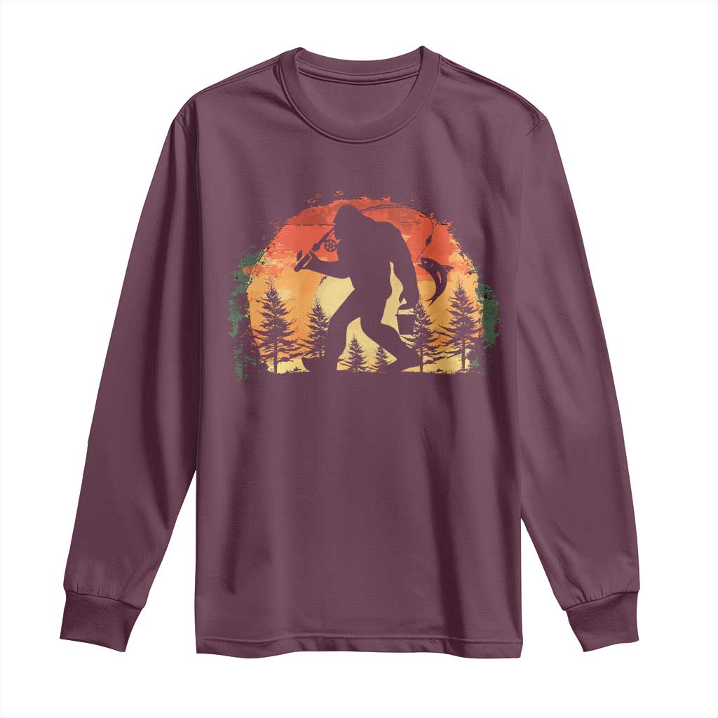 Bigfoot Fishing Long Sleeve Shirt Funny Retro Sasquatch Fisherman Dad TS10 Maroon Print Your Wear