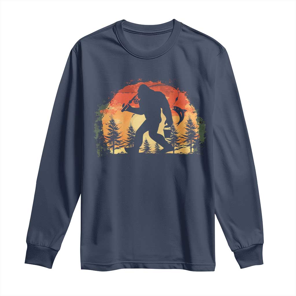 Bigfoot Fishing Long Sleeve Shirt Funny Retro Sasquatch Fisherman Dad TS10 Navy Print Your Wear