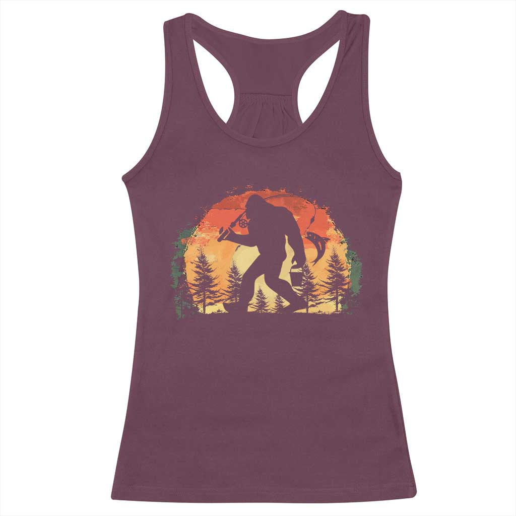Bigfoot Fishing Racerback Tank Top Funny Retro Sasquatch Fisherman Dad TS10 Maroon Print Your Wear