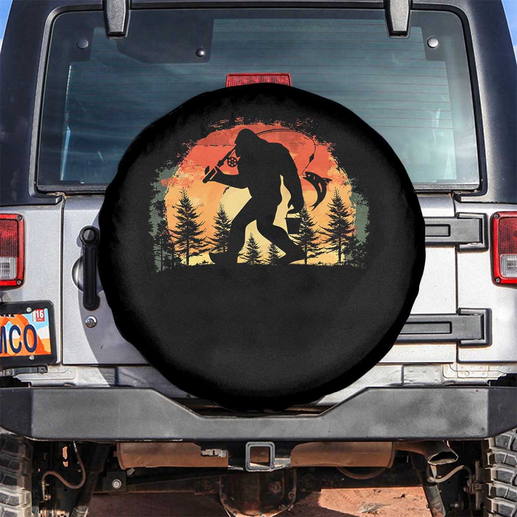 Bigfoot Fishing Spare Tire Cover Funny Retro Sasquatch Fisherman Dad TS10 No hole Black Print Your Wear