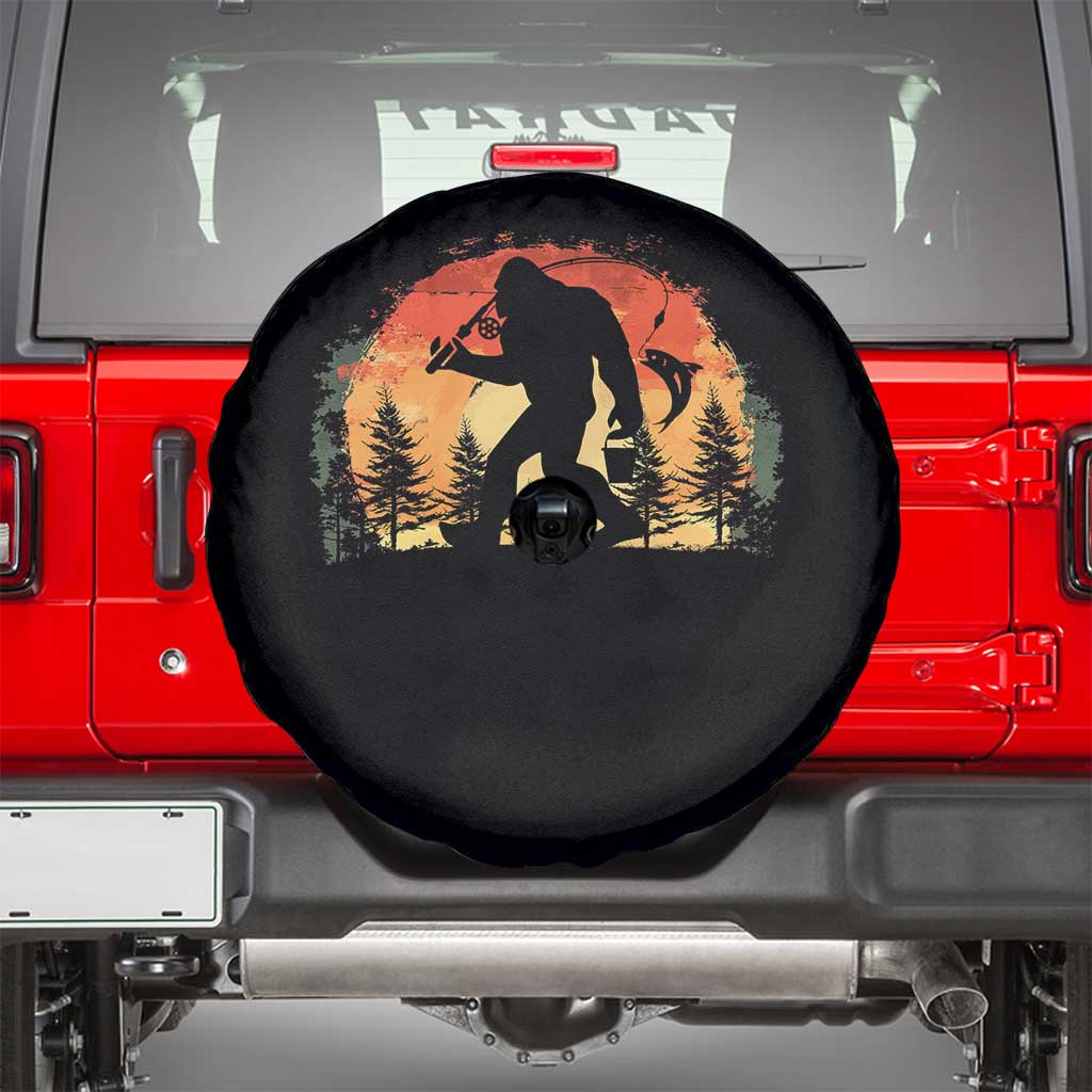 Bigfoot Fishing Spare Tire Cover Funny Retro Sasquatch Fisherman Dad TS10 Black Print Your Wear