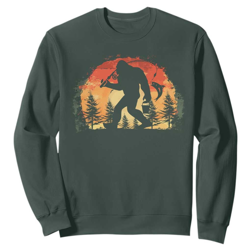 Bigfoot Fishing Sweatshirt Funny Retro Sasquatch Fisherman Dad TS10 Dark Forest Green Print Your Wear