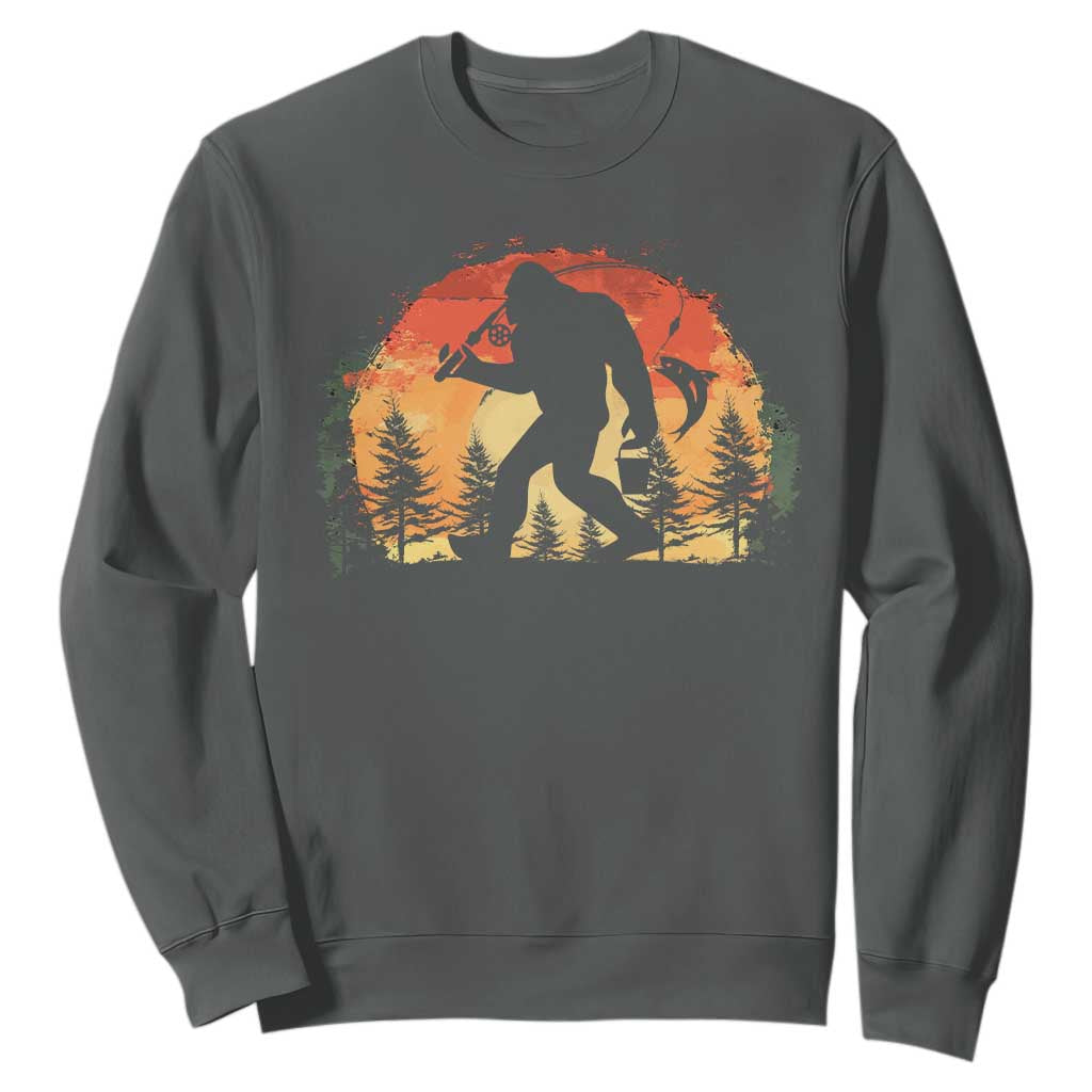 Bigfoot Fishing Sweatshirt Funny Retro Sasquatch Fisherman Dad TS10 Dark Heather Print Your Wear