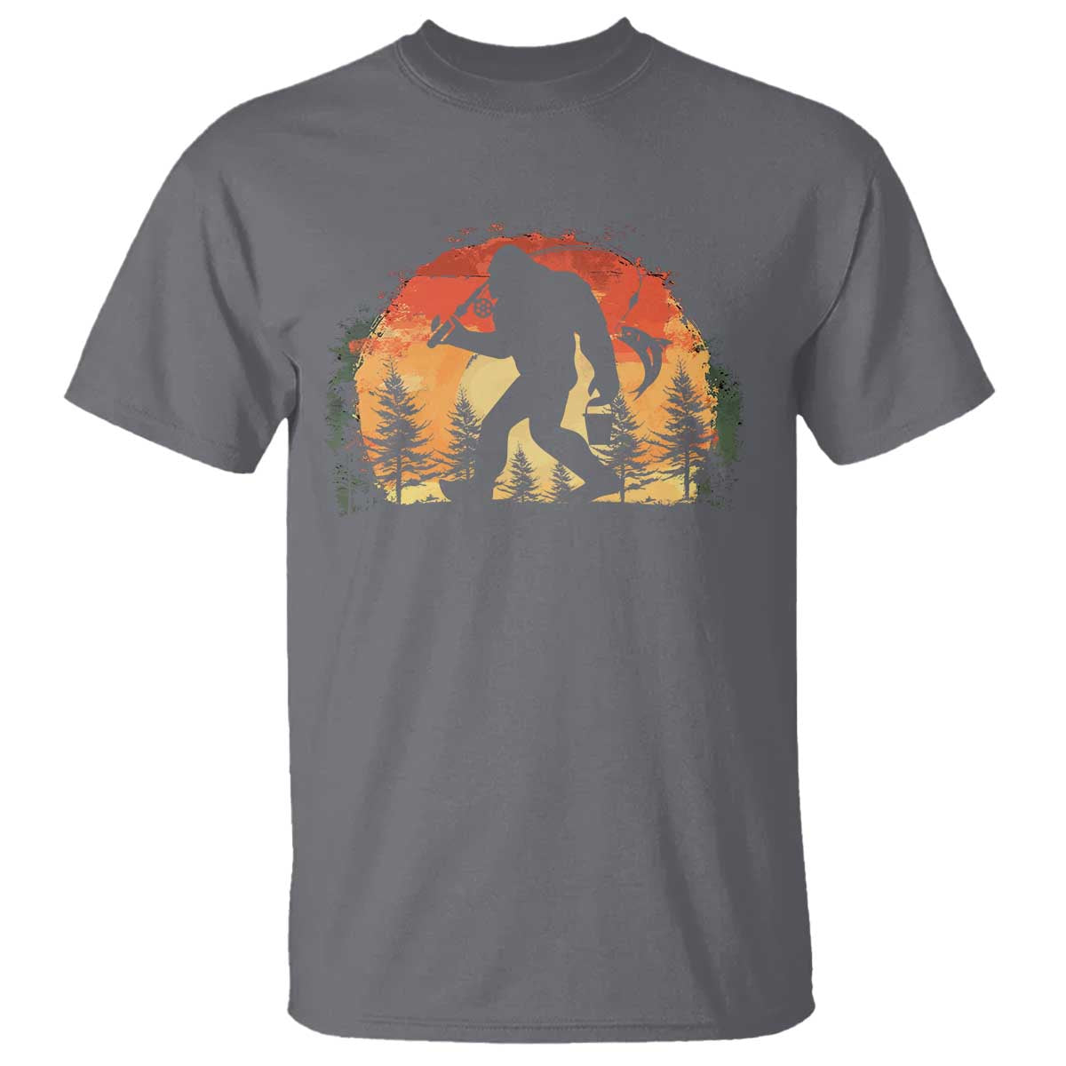 Bigfoot Fishing T Shirt Funny Retro Sasquatch Fisherman Dad TS10 Charcoal Print Your Wear