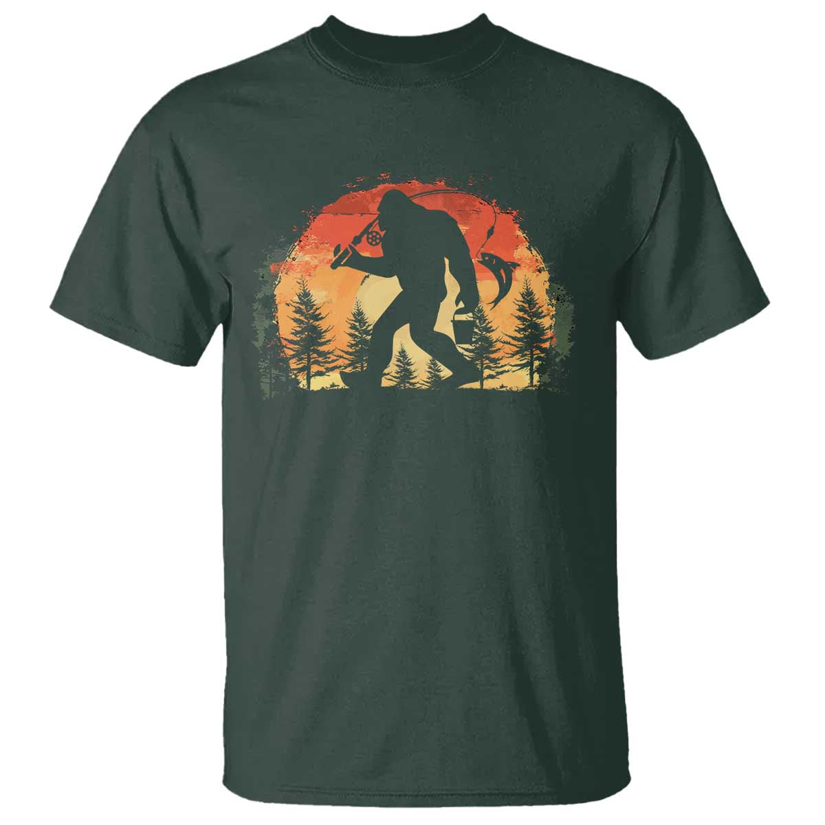 Bigfoot Fishing T Shirt Funny Retro Sasquatch Fisherman Dad TS10 Dark Forest Green Print Your Wear