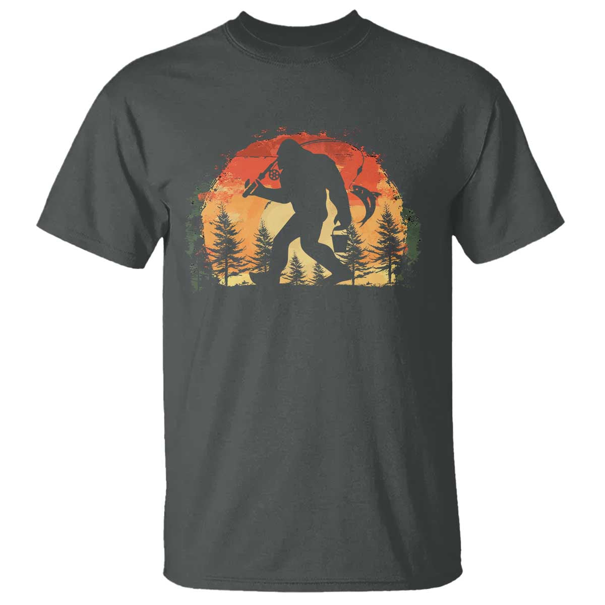 Bigfoot Fishing T Shirt Funny Retro Sasquatch Fisherman Dad TS10 Dark Heather Print Your Wear
