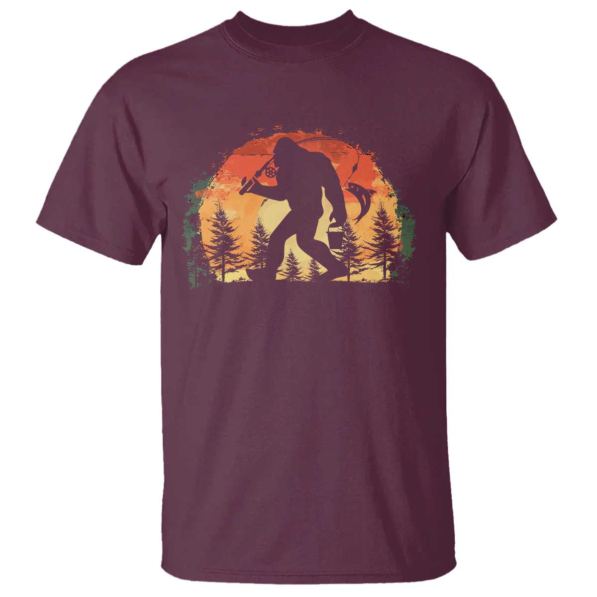 Bigfoot Fishing T Shirt Funny Retro Sasquatch Fisherman Dad TS10 Maroon Print Your Wear