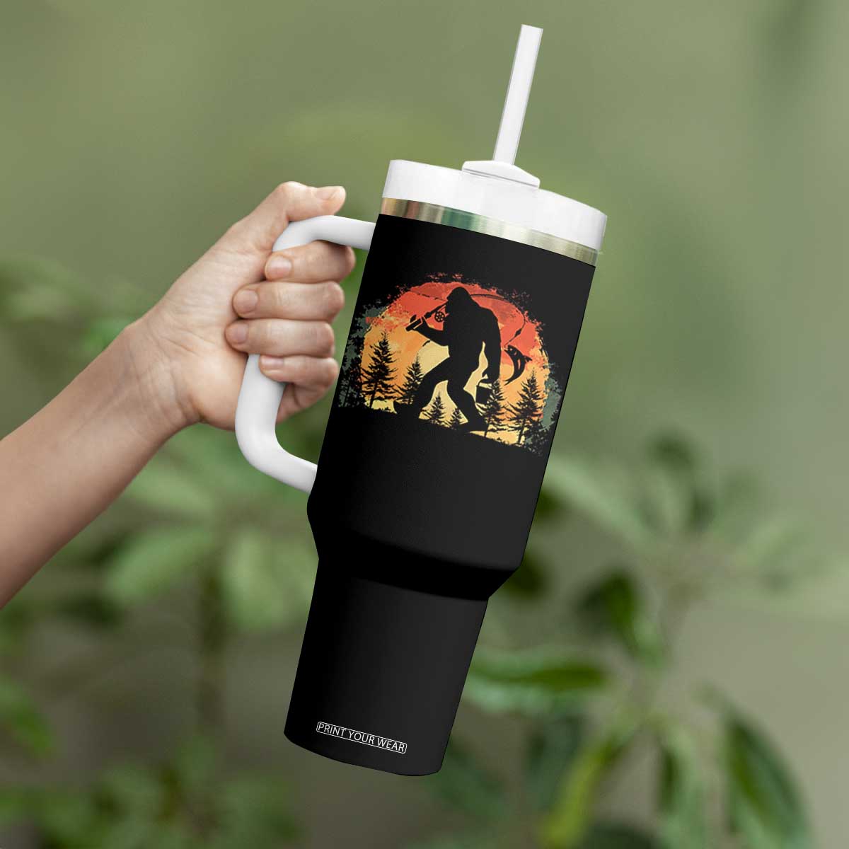 Bigfoot Fishing Tumbler With Handle Funny Retro Sasquatch Fisherman Dad TS10 Print Your Wear