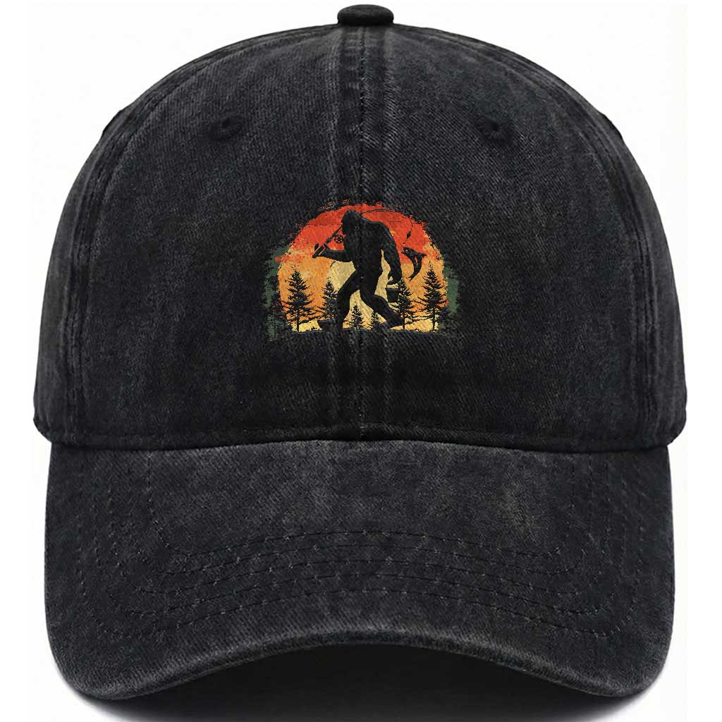 Bigfoot Fishing Washed Cotton Baseball Cap Funny Retro Sasquatch Fisherman Dad