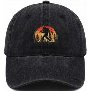 Bigfoot Fishing Washed Cotton Baseball Cap Funny Retro Sasquatch Fisherman Dad