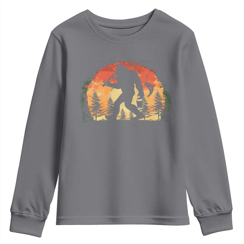 Bigfoot Fishing Youth Sweatshirt Funny Retro Sasquatch Fisherman Dad TS10 Charcoal Print Your Wear