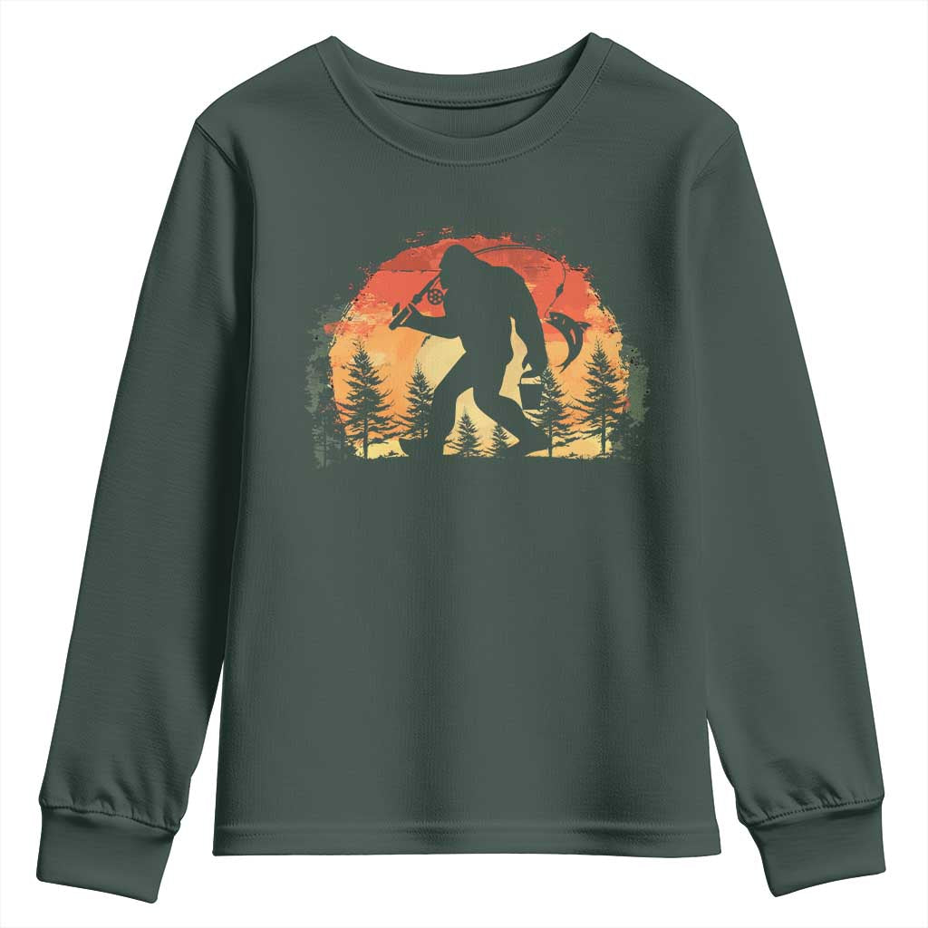 Bigfoot Fishing Youth Sweatshirt Funny Retro Sasquatch Fisherman Dad TS10 Dark Forest Green Print Your Wear