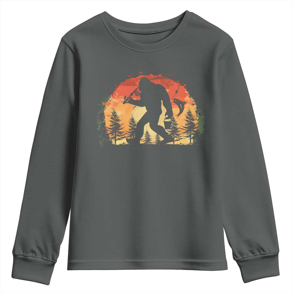 Bigfoot Fishing Youth Sweatshirt Funny Retro Sasquatch Fisherman Dad TS10 Dark Heather Print Your Wear