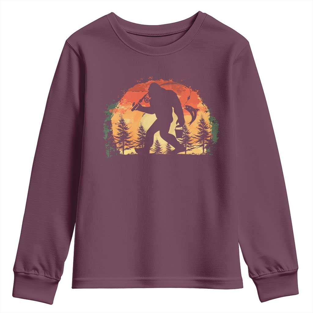 Bigfoot Fishing Youth Sweatshirt Funny Retro Sasquatch Fisherman Dad TS10 Maroon Print Your Wear