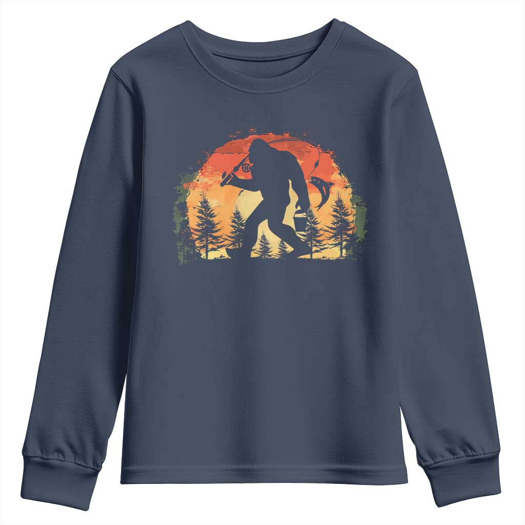 Bigfoot Fishing Youth Sweatshirt Funny Retro Sasquatch Fisherman Dad TS10 Navy Print Your Wear